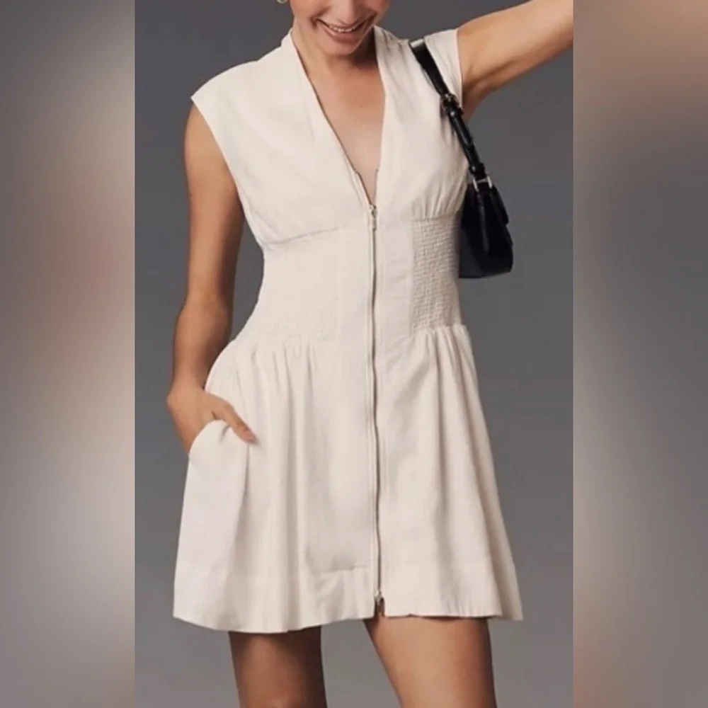 Anthropologie Maeve Tommie Linen Zip Front Mini Dress Ivory Size L NWT - Picture 4 of 5